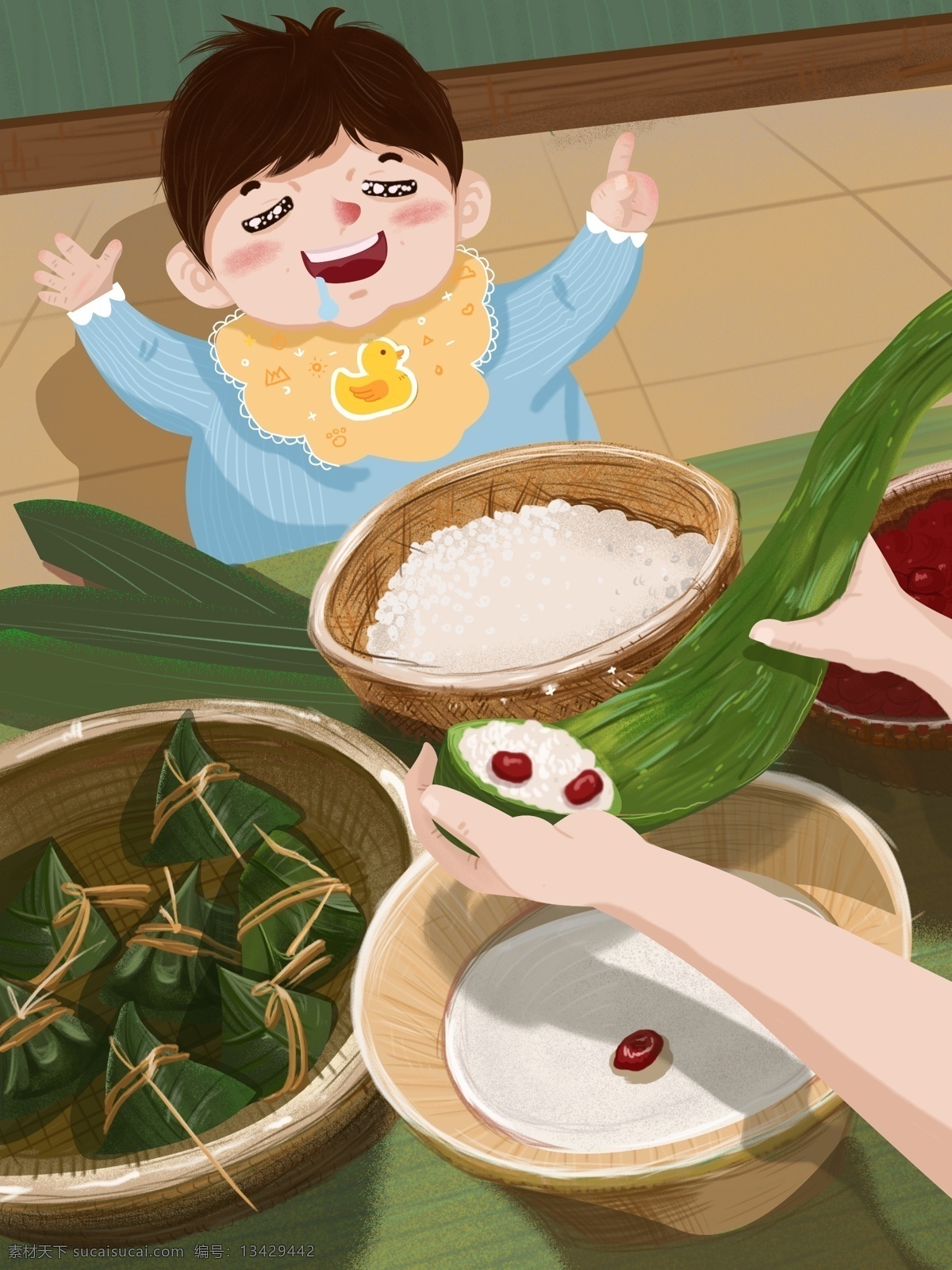 端午 包 粽子 温馨 传统节日 卡通 可爱 小 清新 插画 端午节 包粽子 小清新 写实