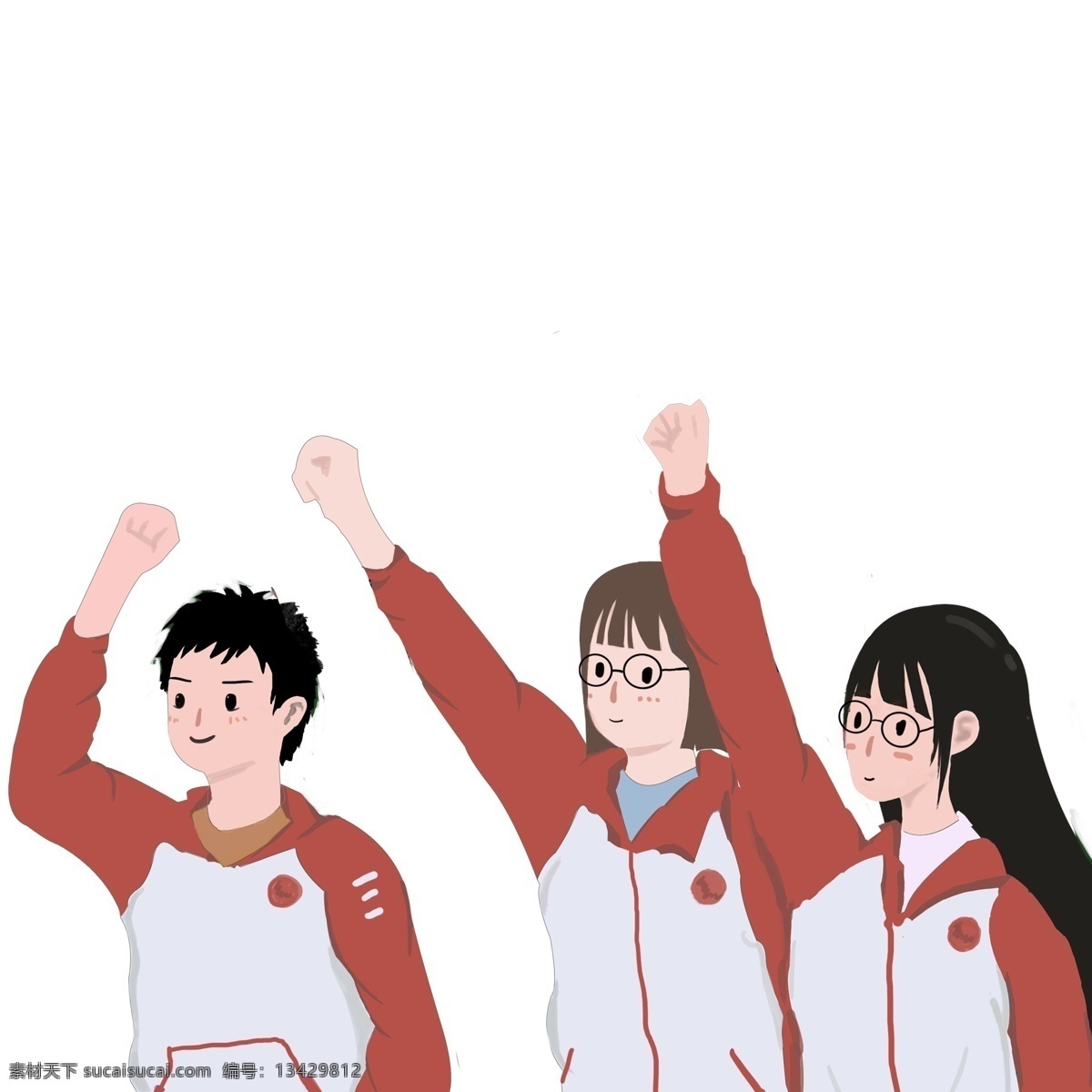 高考 加油 三个 学生 插画 人物 彩绘 彩色 卡通 女生 男生 高中生 高考加油
