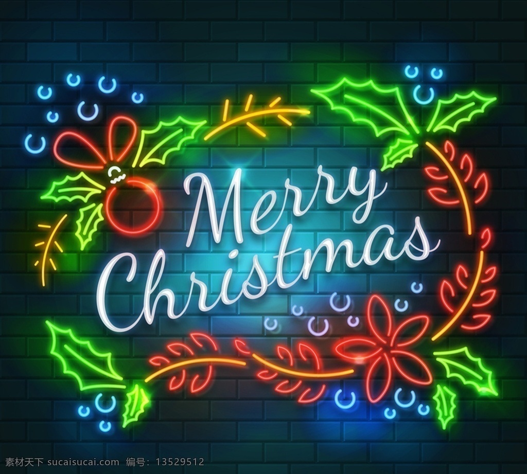 彩色 圣诞节 霓虹灯 花环 矢量 枸骨 雪花 merry christmas 文化艺术 节日庆祝