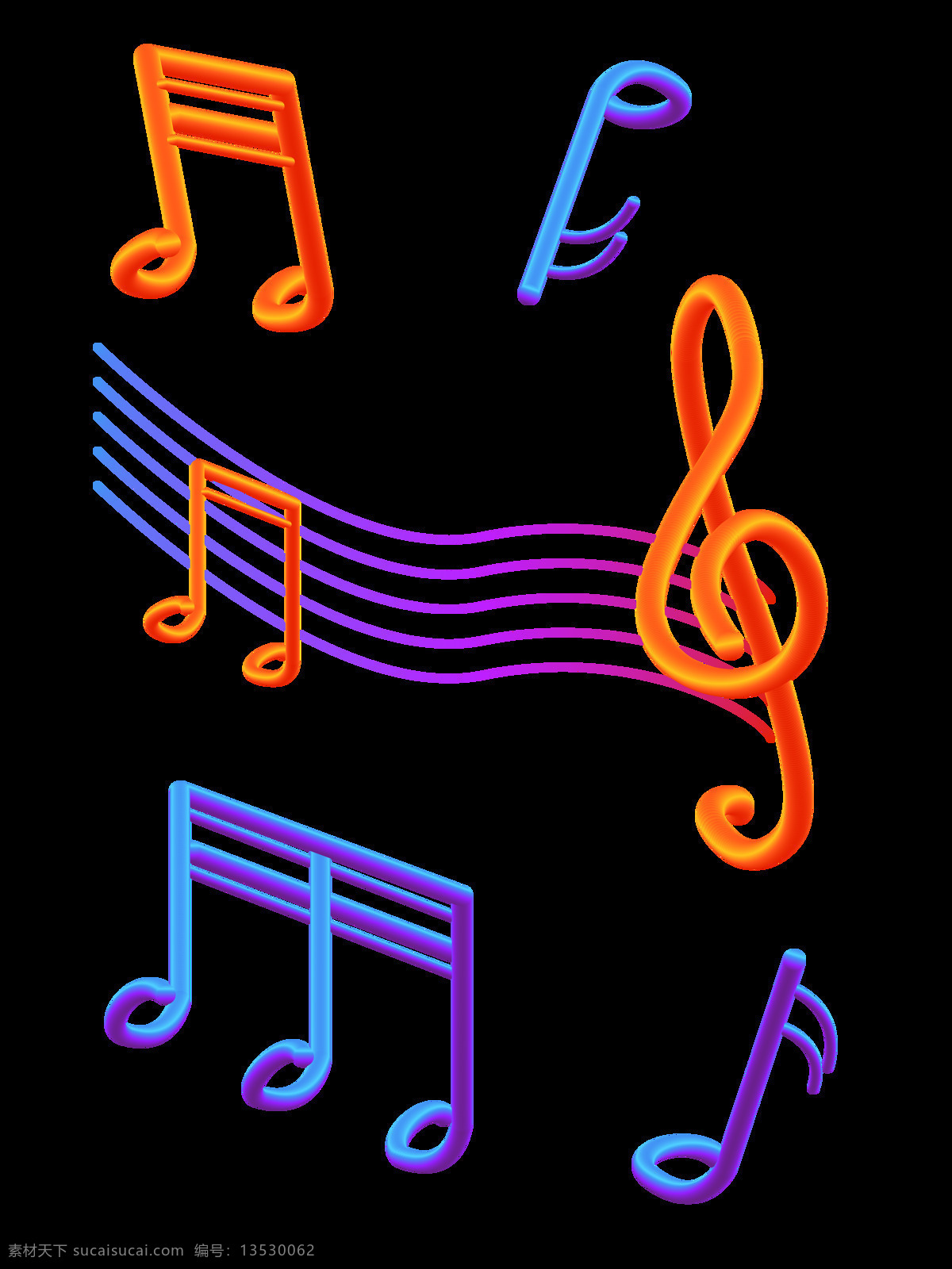 原创 立体 炫彩 渐变 音符 装饰 元素 蓝色 紫色 橙色 可商用 设计元素