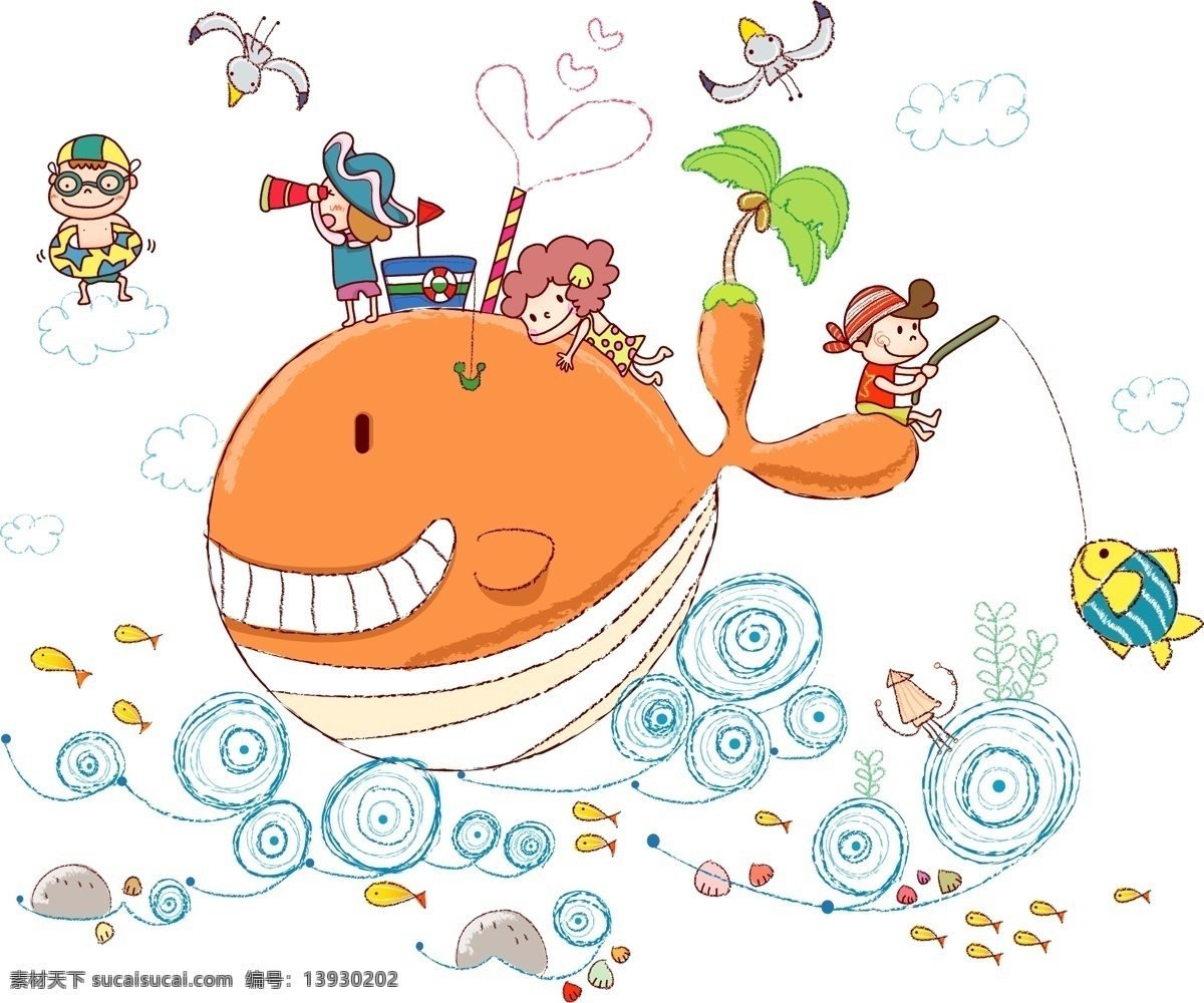 漫画 儿童画 鲸鱼 海浪 钓鱼 海鸥 三星 动漫动画 动漫人物