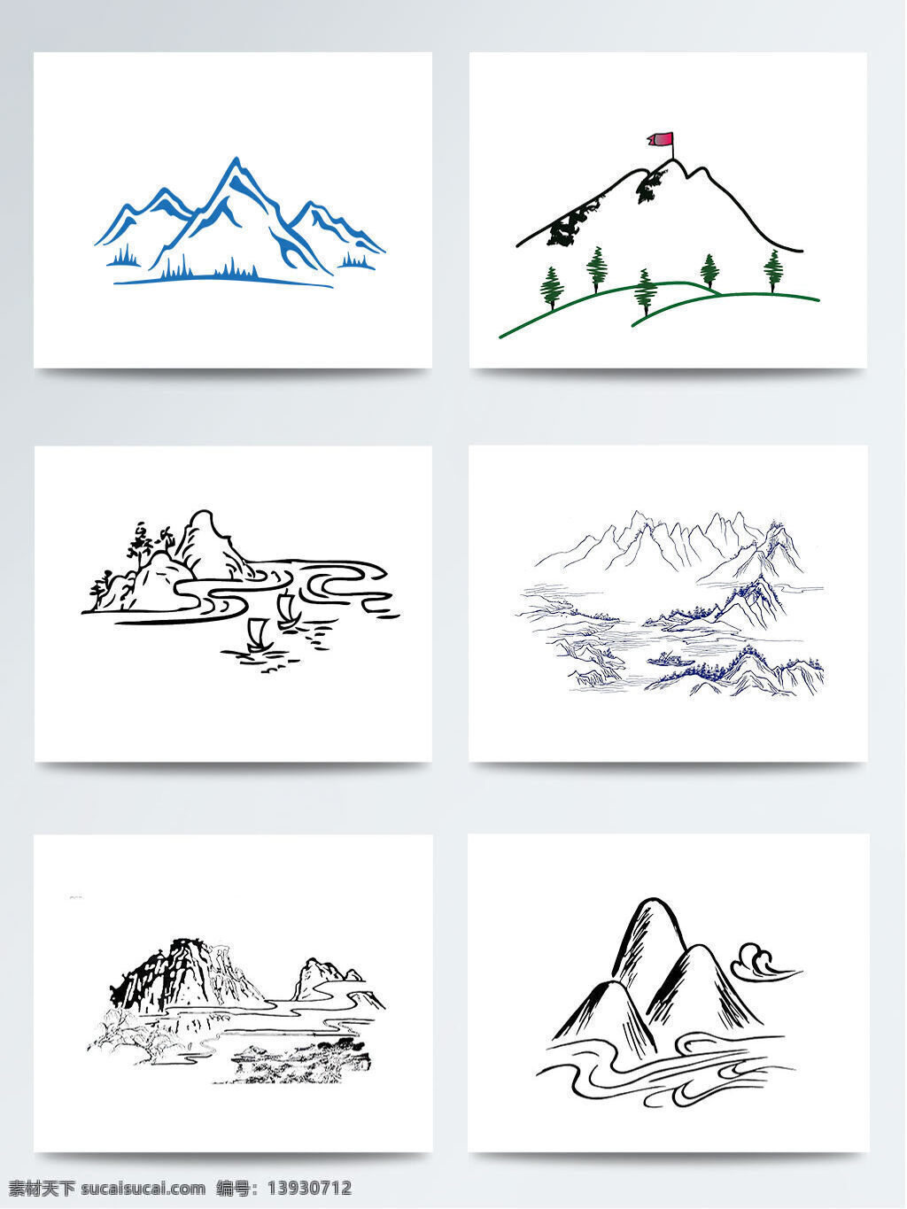 简 笔画 线条 山 元素 图 钢笔画 河流 简笔画 简约 山脉 树木 线描