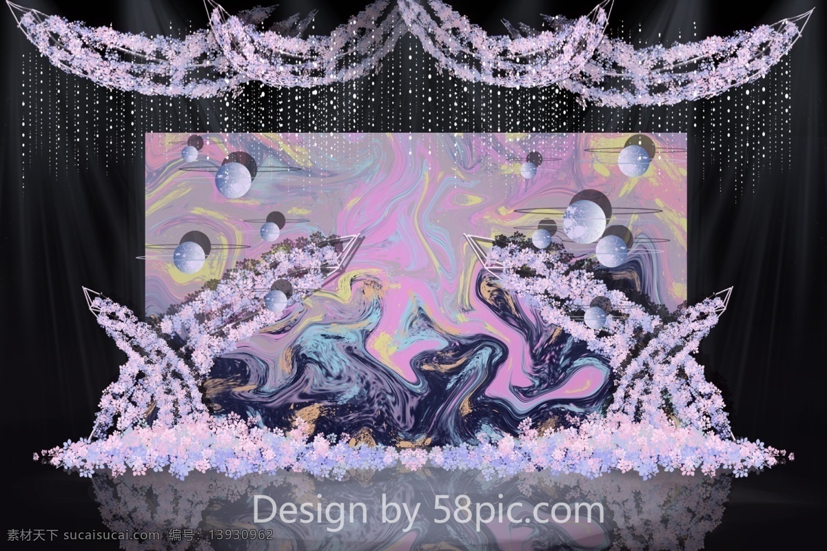 星空 浪漫婚礼 效果图 星球 迎宾区 吊顶 唯美梦幻 水晶帘 线帘 水彩