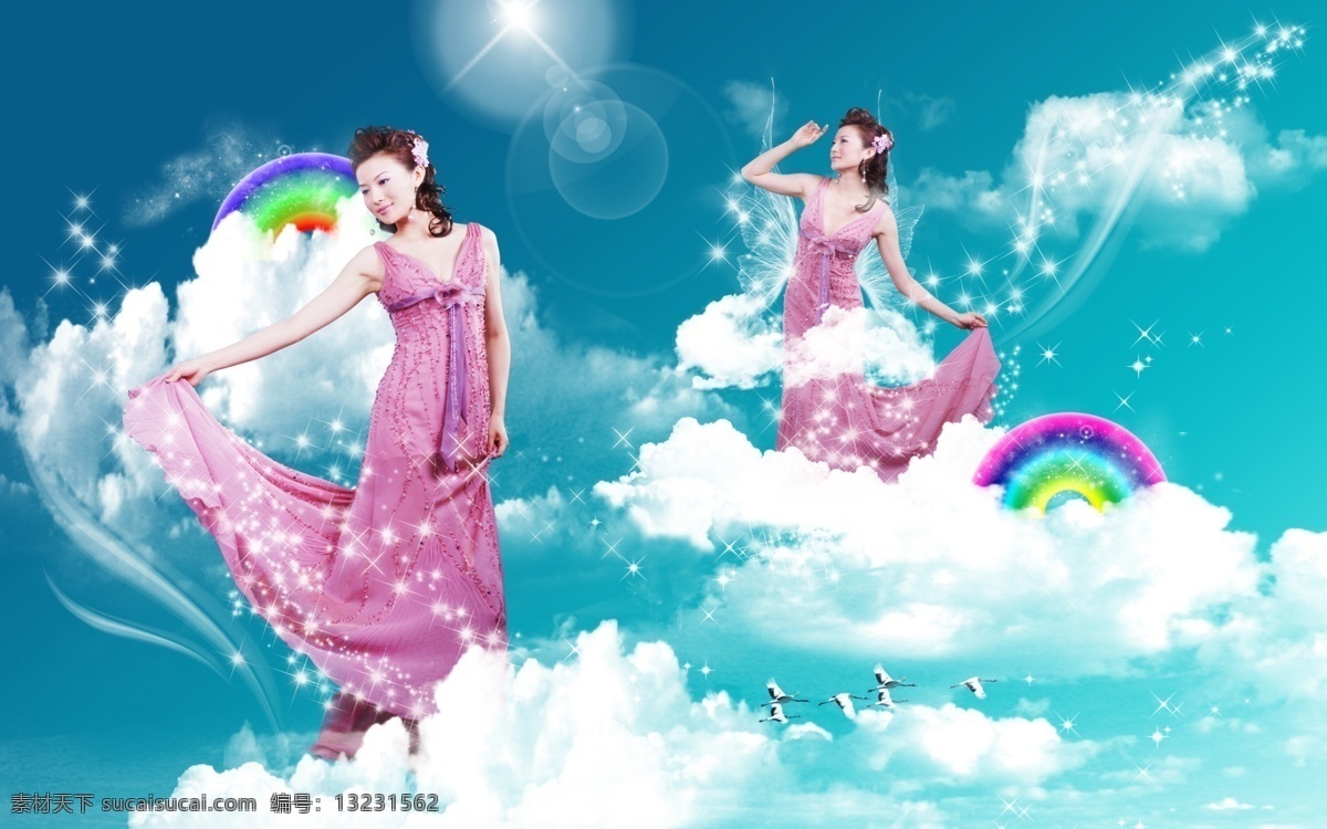 梦想 天堂 彩虹 飞鸟 美女 女性 裙子 人物 天空 天使 天使翅膀 仙女 梦想天堂 云朵 星光 光韵 性感美女 独舞 单舞 psd源文件