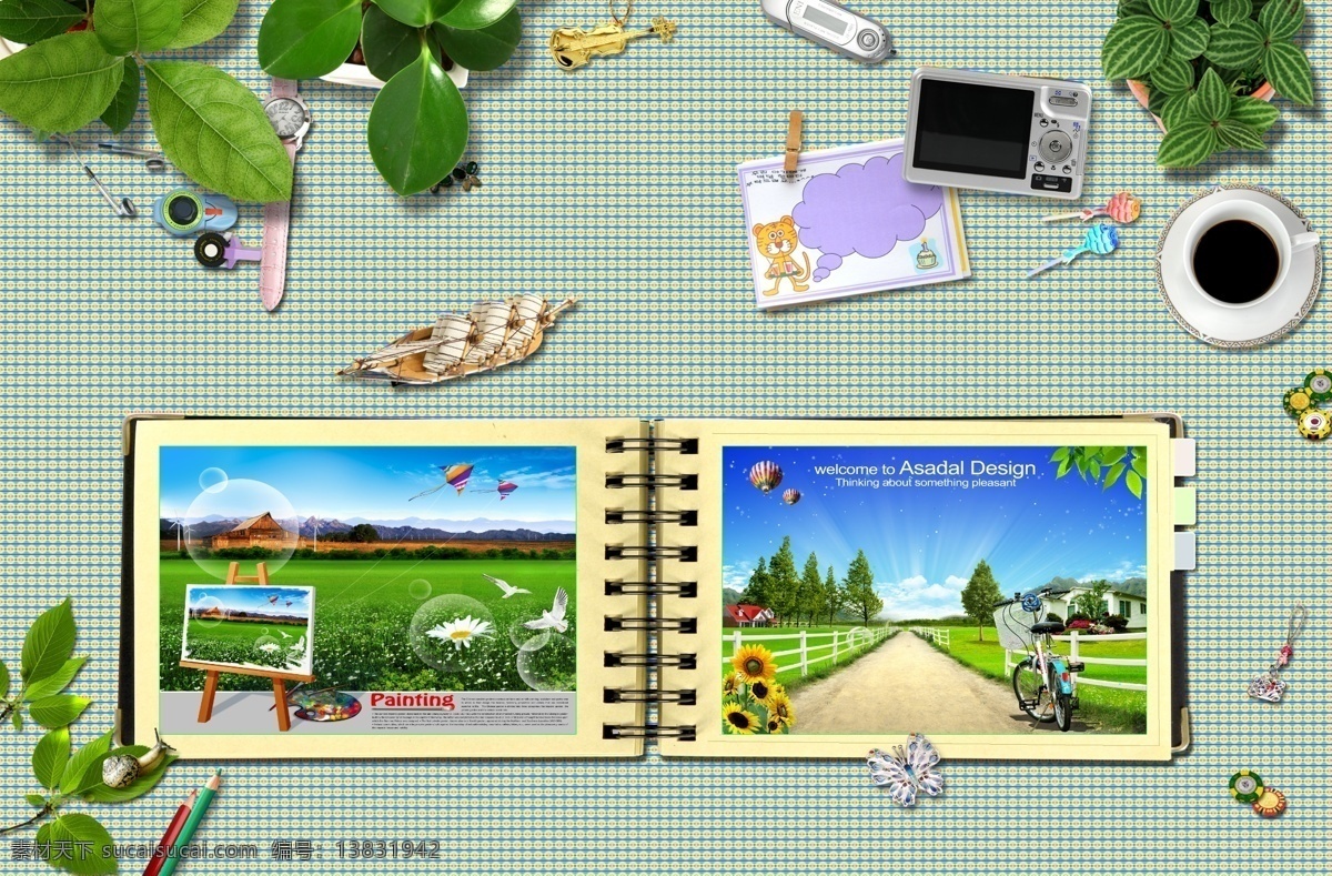 桌布 上 世界 分层 电子产品 风景 画册 咖啡 书 树叶 图画 桌布上的世界 小船 钥匙 源文件 其他画册封面