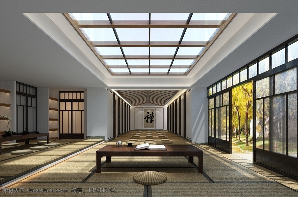 日式 风格 工装 茶室 空间 模型 效果图 室内设计 大气 简约 明亮