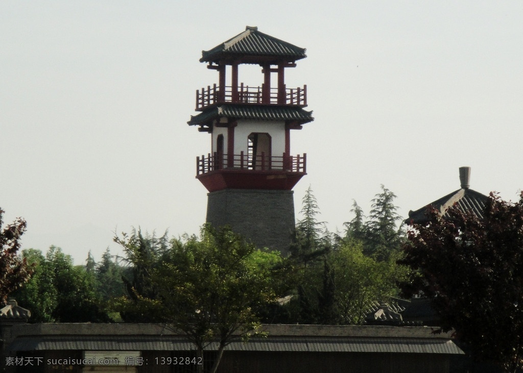 仿唐城楼 仿唐 城楼 绿树 天空 灰瓦 红柱 建筑摄影 建筑园林