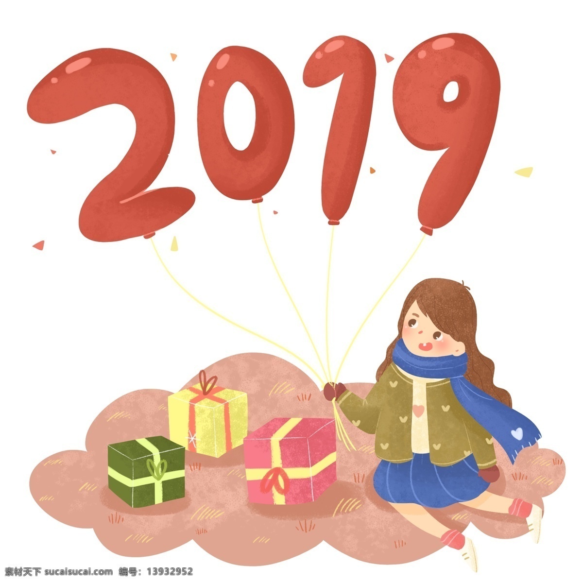 卡通 可爱 2019 年 新年 元旦 气球 插画 红色 礼物 喜庆 2019年 春节 除夕 过年 欢庆 狂欢 庆祝 欢乐 温暖