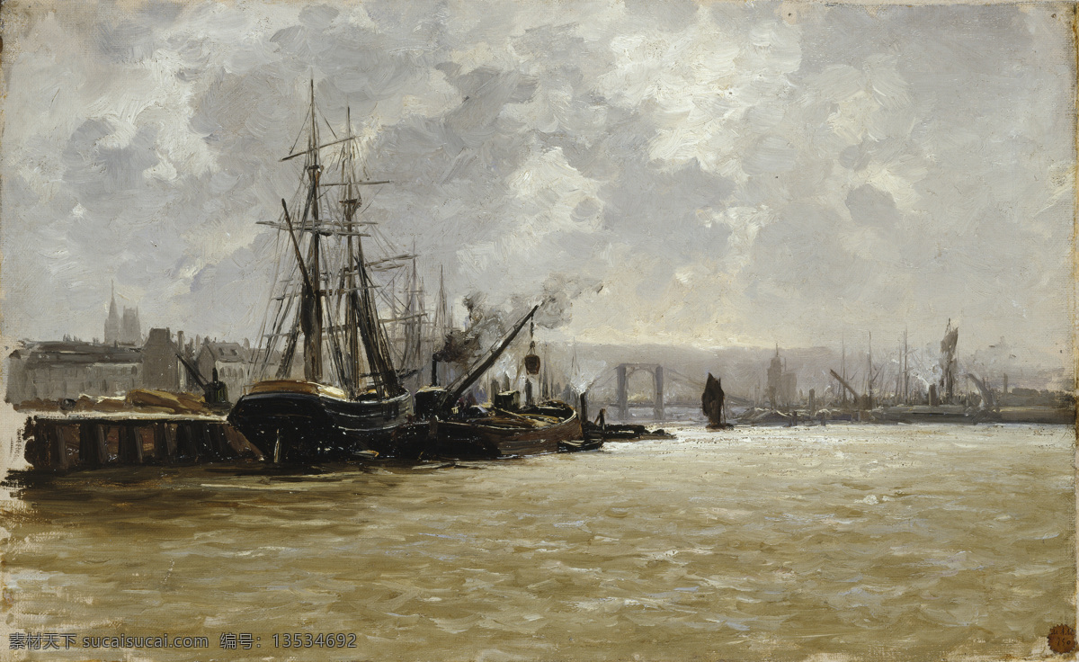 大师 画家 古典 画 建筑 景物 装饰画 油画 rouen of port the de carlos haes 人物 高清 西方 国外 现代 家居装饰素材