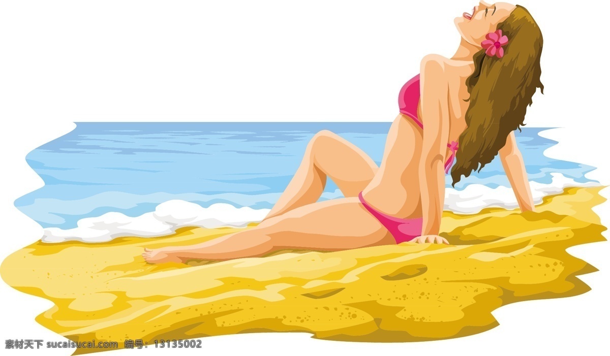 坐在 沙滩 比基尼 女人 矢量 大海 夏天 假日 女生