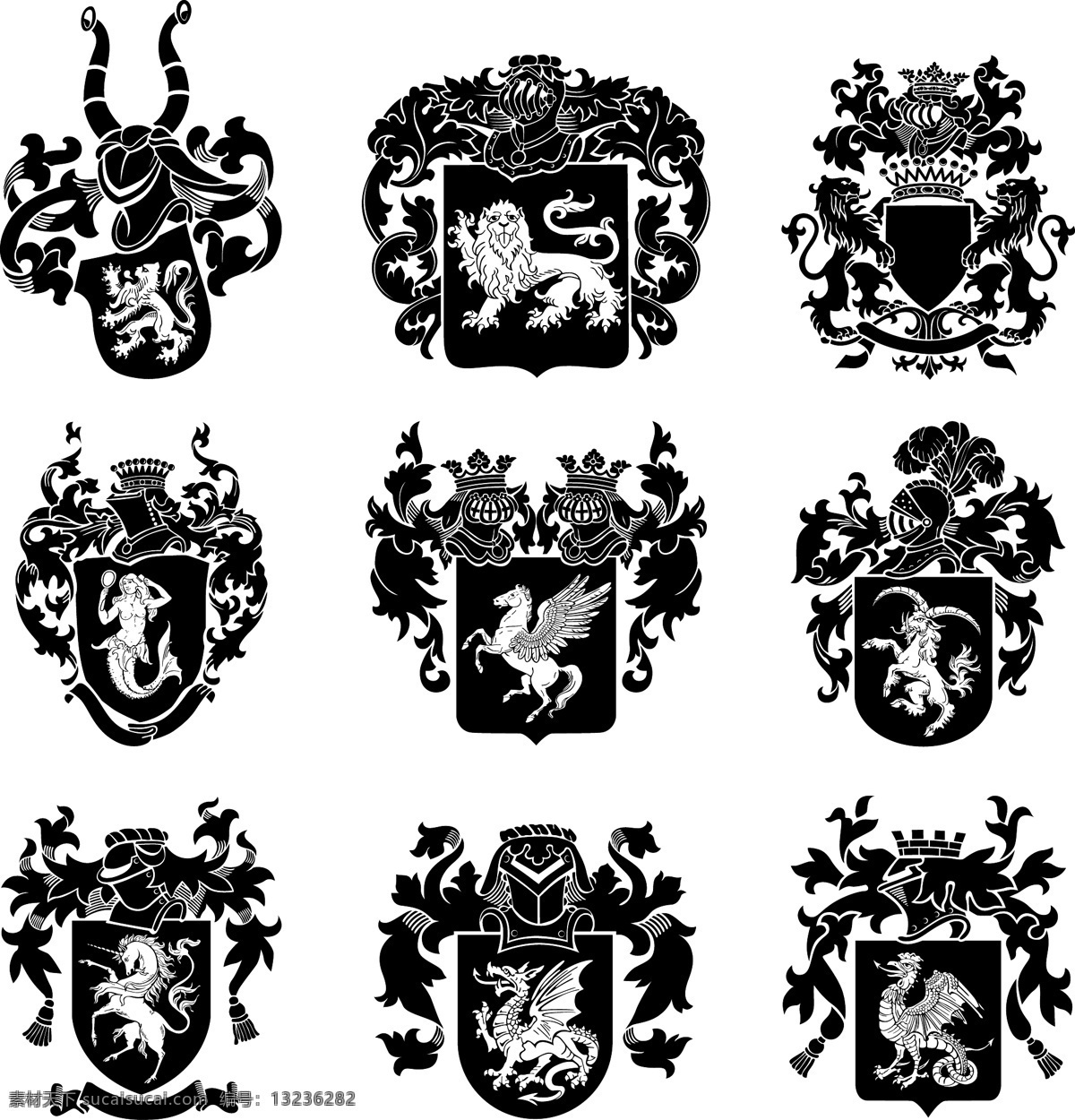 纹章 盾牌 勋章 边框 装饰边框 徽章 图腾 狮子 飞龙 骏马 皇冠 王冠 花纹 花边 手绘 装饰 矢量 标志图标 网页小图标 白色