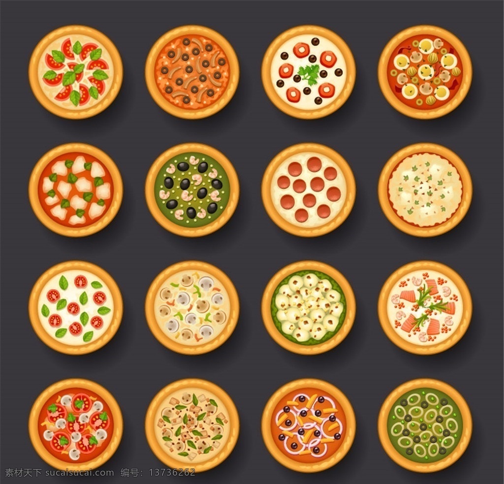 美味 披萨 俯视图 矢量 快餐食品 图标 圆形 比萨 匹萨 矢量图