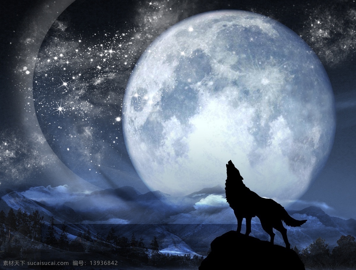 月圆之夜 月亮 圆月 狼 狼嚎 嚎叫 山 森林 夜色 云雾 暮光之城 风景 分层 源文件