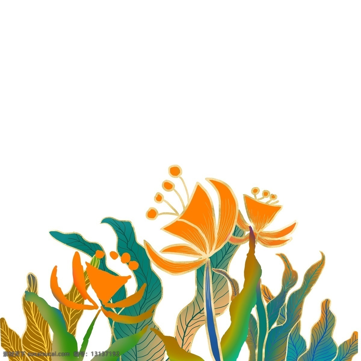 流光溢彩 鲜花 植物 商用 元素 插画 小草 卡通 手绘 复古写实