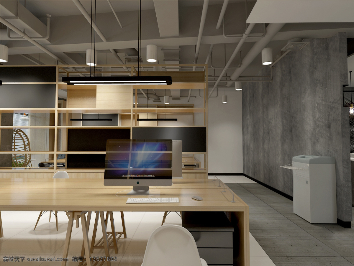 现代 时尚 工业 风 办公室 工装 装修 效果图 木制桌子 白色椅子 长吊灯 黑色吊灯 灰色墙面