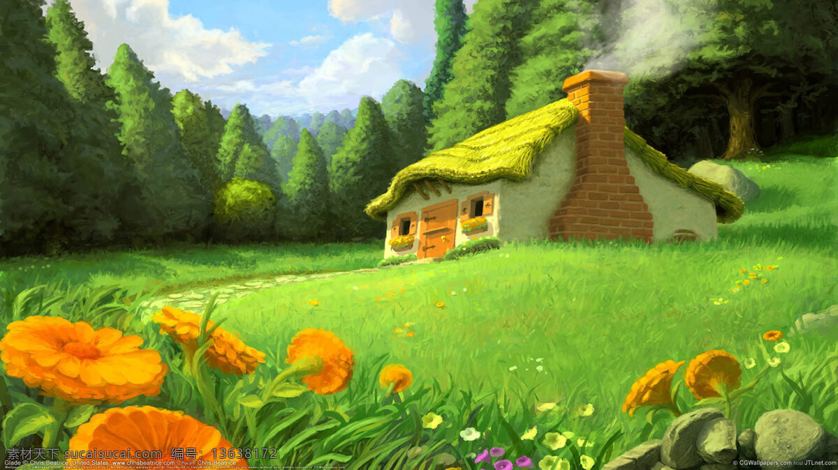 森林中的小屋 森林 小屋 草地 树木 花 风景漫画 动漫动画