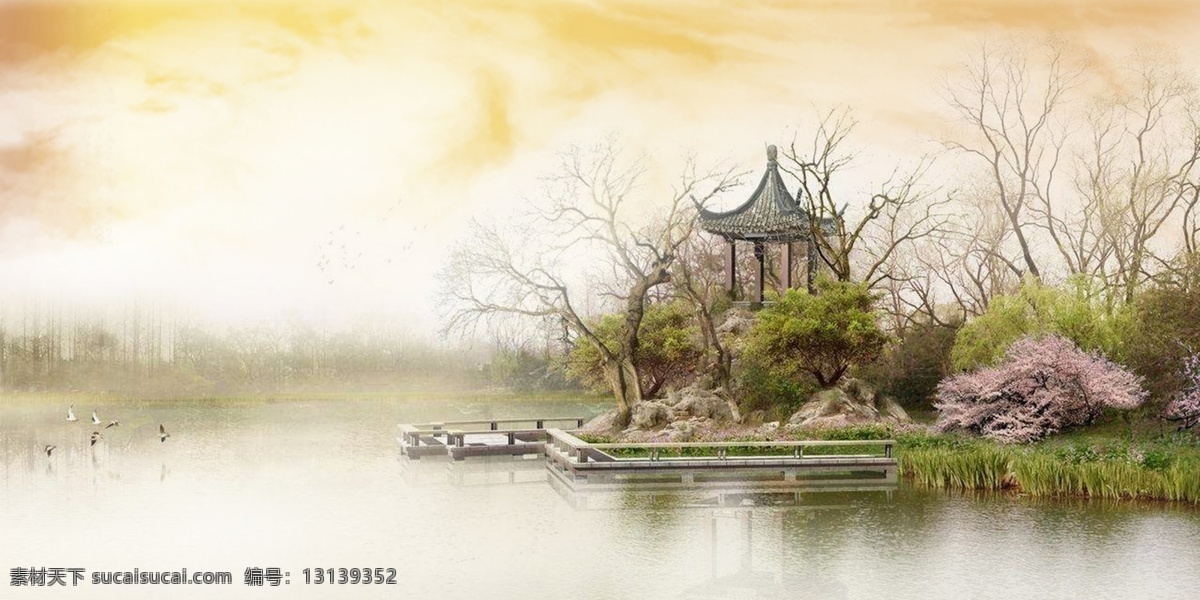 唯美 彩绘 风景 背景 背景素材 中国风 大气背景 清新背景 海报背景 彩绘风景 花园 湖泊 亭子 彩绘素材 创意背景 彩绘背景 电商背景