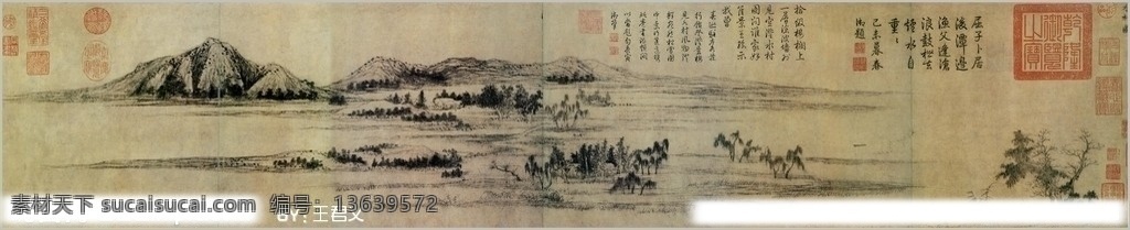 水村图卷 画心 古代名画 传世 经典 花鸟 山水 村庄 水 水村 树木 图章 书法 绘画书法 文化艺术
