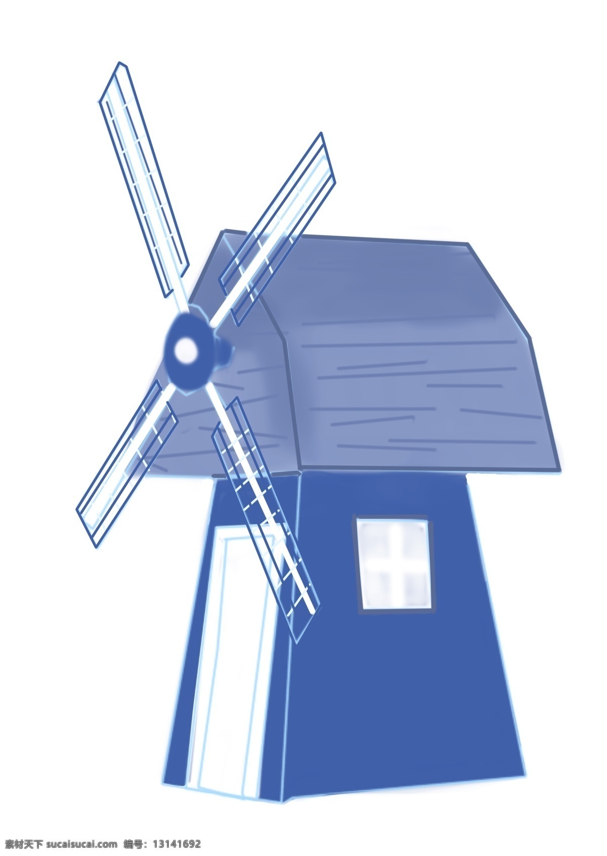 风车 蓝色 建筑 插画 蓝色的扇叶 卡通插画 建筑插画 风车建筑 风车插画 农场风车 蓝色的建筑