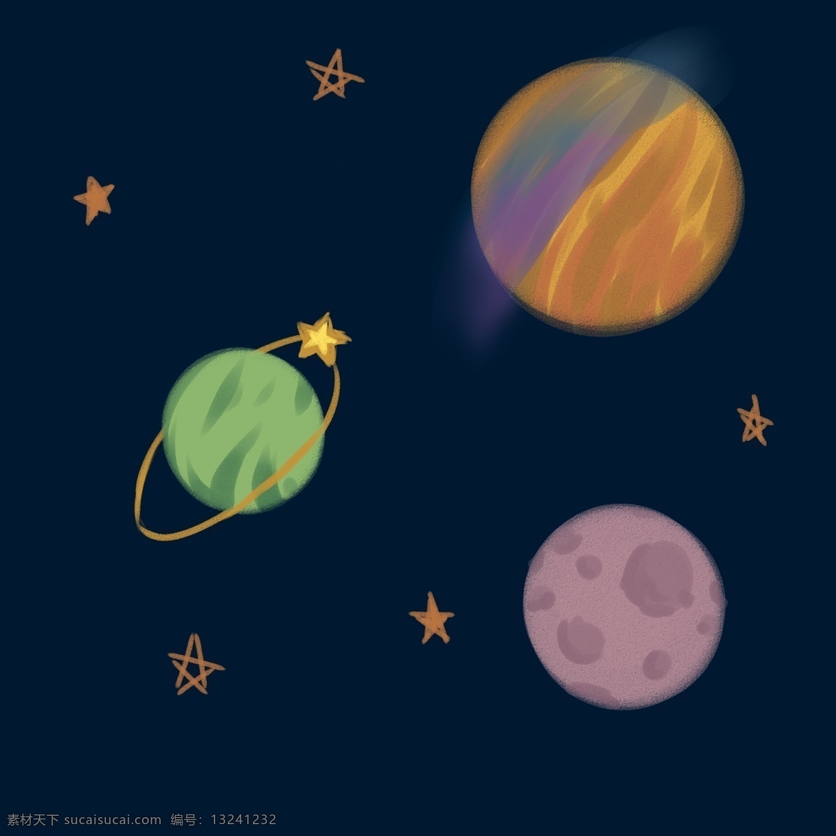 卡通 星球 星星 宇宙 星空 天文 主题 夜晚 夜空 星环 星际 幻想 星系 轨道 行星 插画 装饰