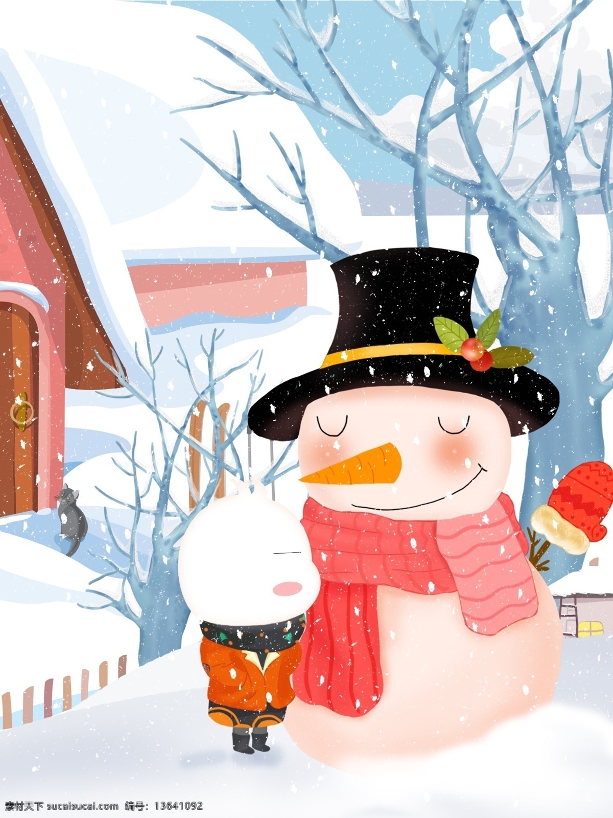 初雪 冬季 雪景 原创 插画 冬天 风景 雪人 树枝 下雪 雪屋