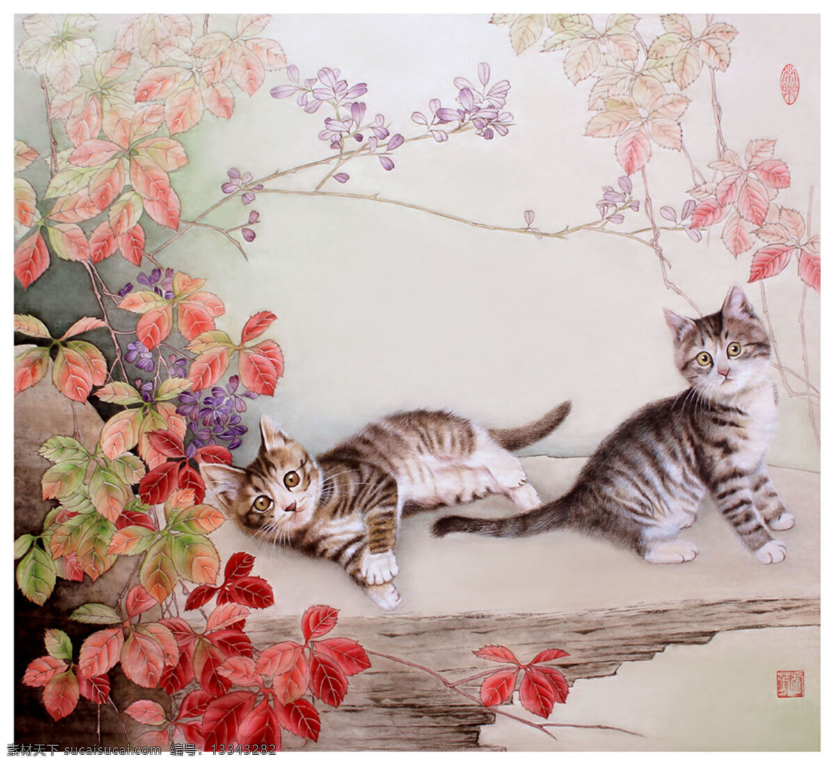 卢 芳 工笔画 双 猫 图 双猫图 卢芳 女画家 作品 中国画 文化艺术 绘画书法