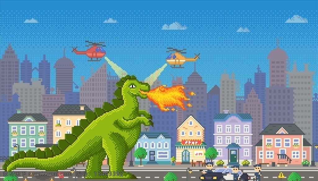 恐龙破环城市 卡通恐龙 动漫动画 恐龙 卡通 动物 动漫 动画 飞机 城市背景 城市插画 打恐龙 喷火 绿色恐龙 恐龙背景 破环城市