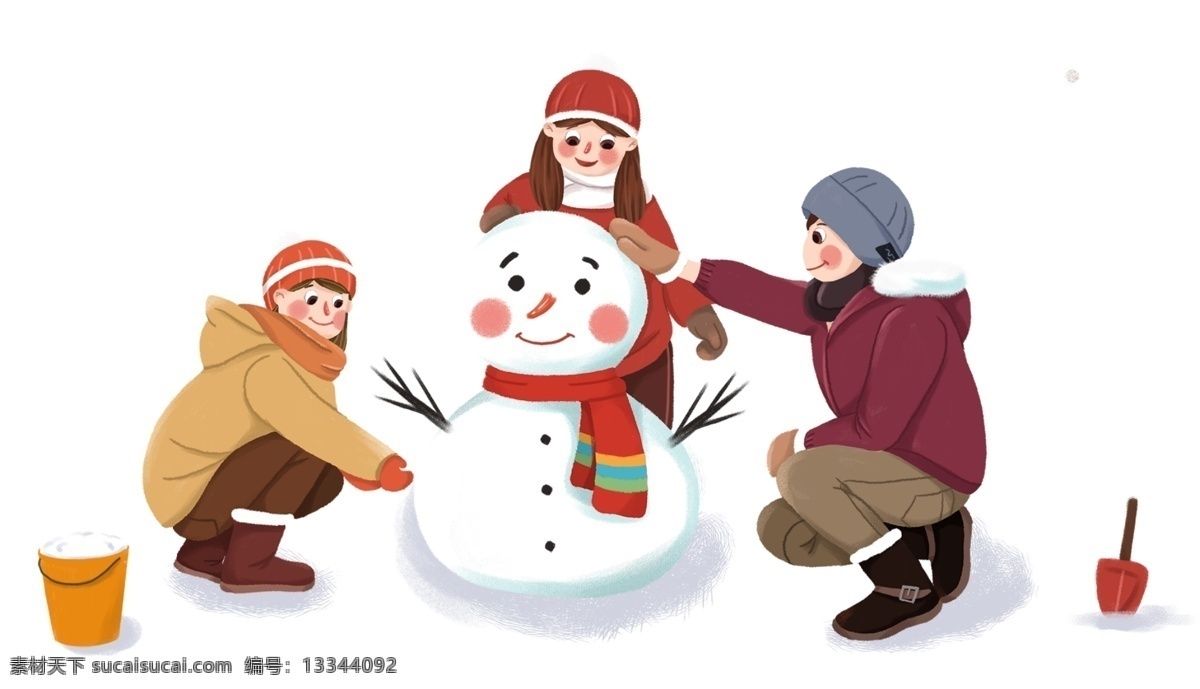 二十四节气 小雪 堆 雪人 主题 插画 卡通 手绘 精美 海报插画 广告插画 小清新 简约风 装饰图案 堆雪人