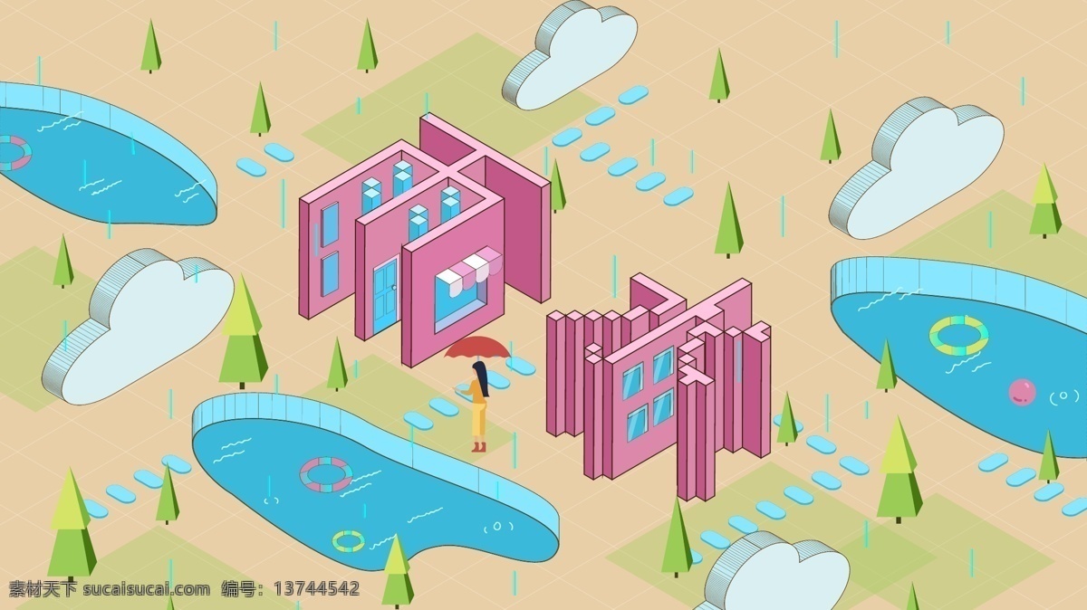 节气 雨水 d 小 清新 矢量 插画 壁纸海报 2.5d 小清醒 原创 商业插画 节气雨水 描边插画 广告用图