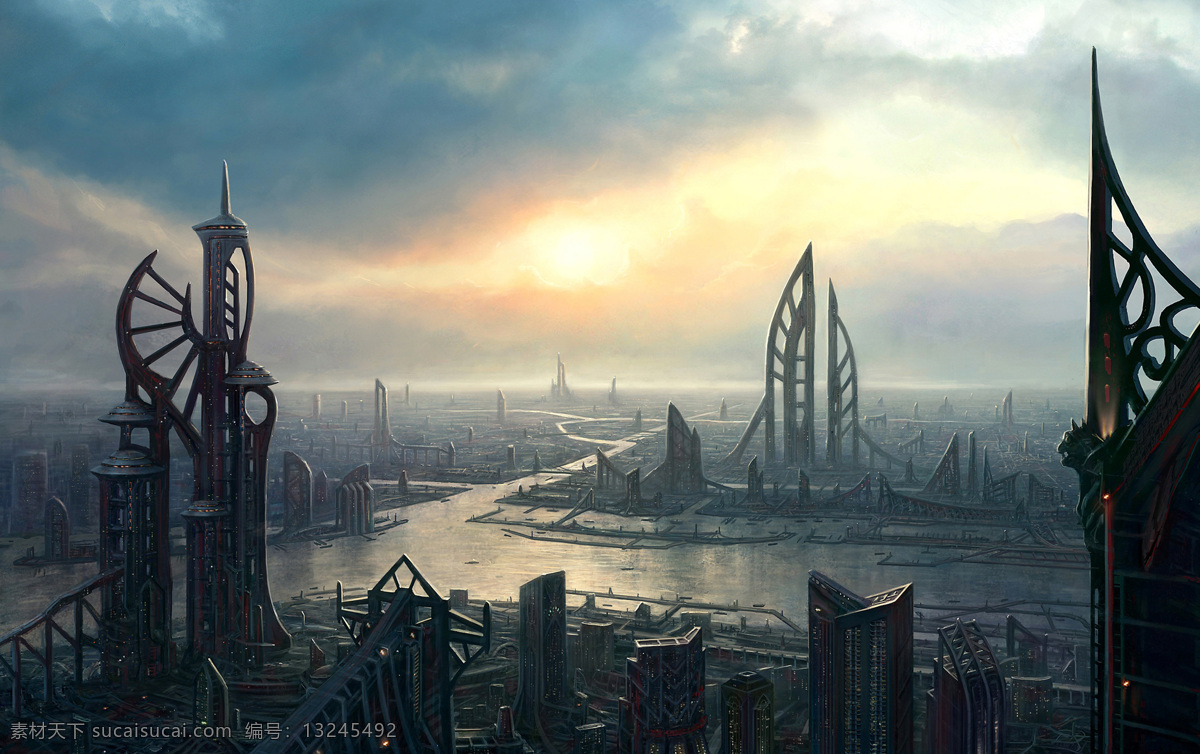 奇幻 世界 城市 篇 背景底纹 底纹边框 科幻背景 奇异建筑 广阔天空 奇幻城市 河流 环绕 美丽 都市 psd源文件