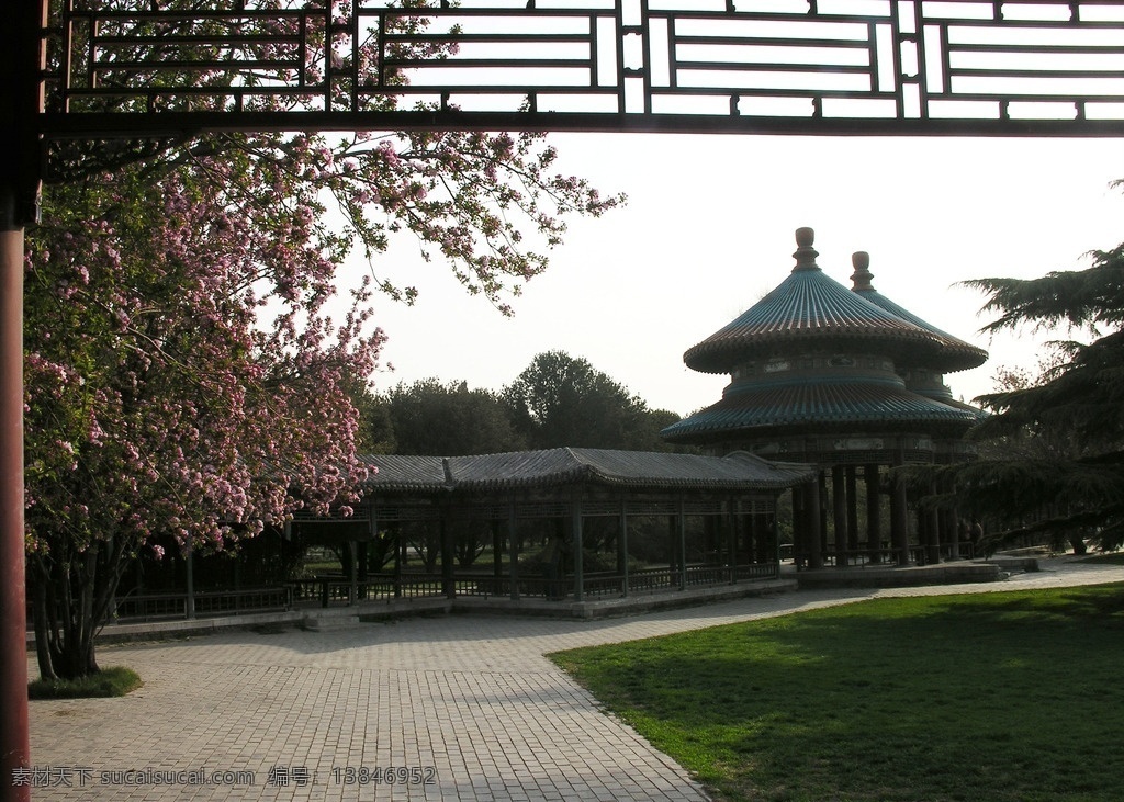 天坛春色 天坛 春色 双环亭 海棠花 长廊窗棂 园林建筑 建筑园林
