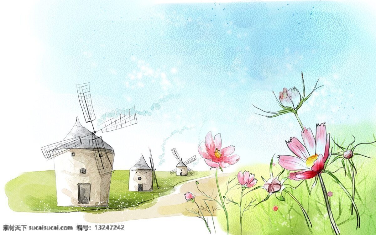 惬意 情景 手绘 彩绘 插画 风车 风景 韩国风格 花 蓝天白云 梦幻 插画集