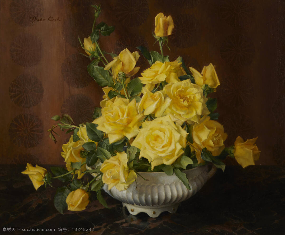 黄玫瑰 静物鲜花 黄色 白色花瓶 帘子 20世纪油画 油画 文化艺术 绘画书法