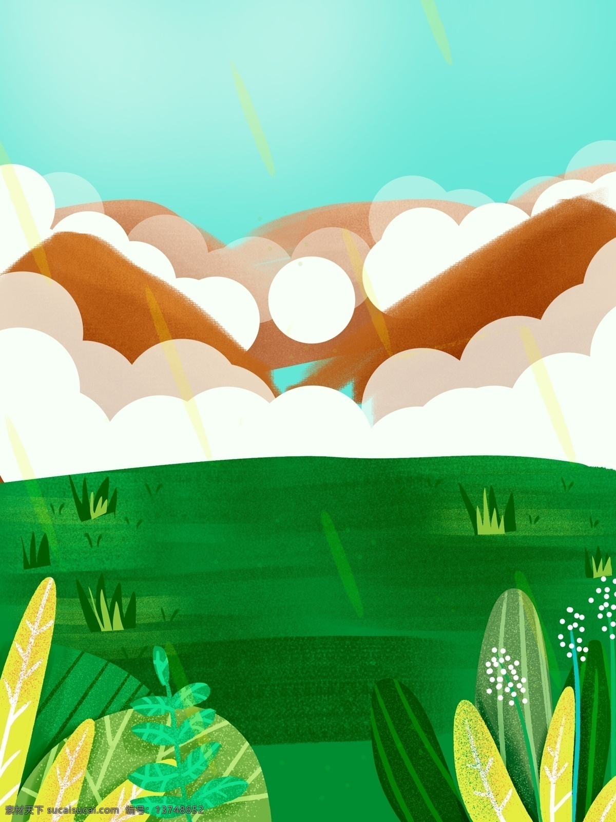 卡通 手绘 绿色植物 风景 插画 背景 蓝天白云 春天背景 温馨背景 唯美背景 山峰背景 绿草地背景 创意背景