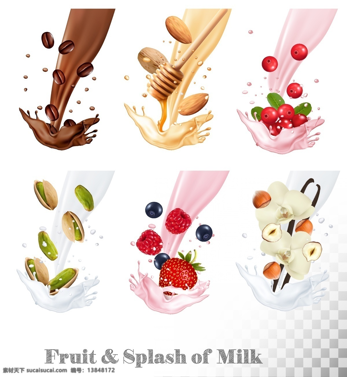 美味 牛奶 水果 插画 巧克力 杏仁 干果 草莓 开心果