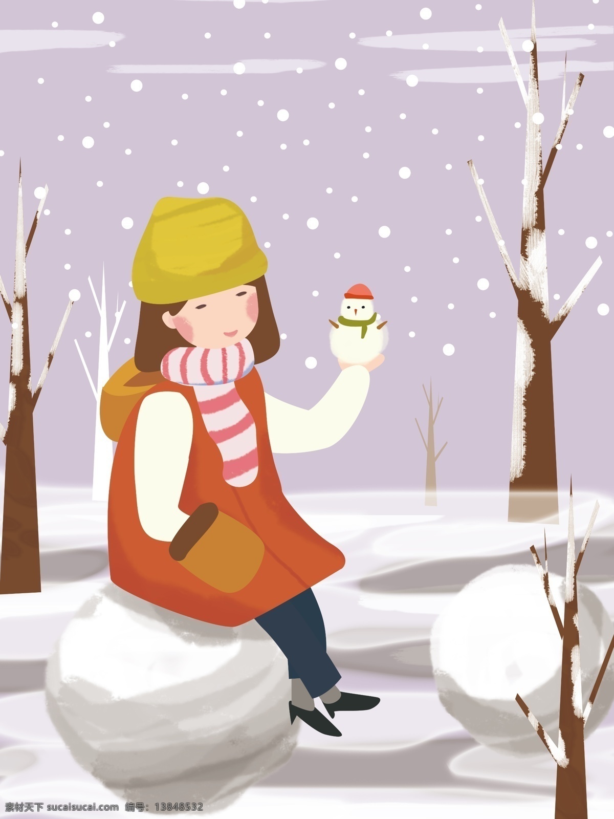 手绘 坐在 雪球 上 女孩 冬季 背景 雪花 帽子 冬天 背景素材 围巾 冬天快乐 雪人 冬天早晨 广告背景素材