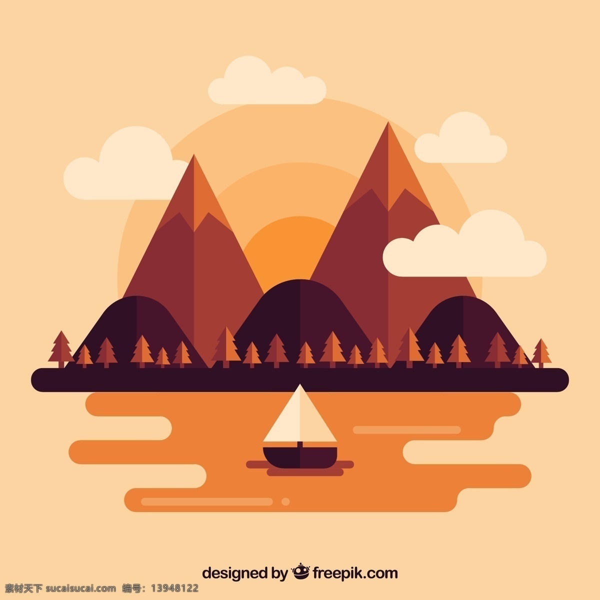 创意 山 河流 风景 矢量 帆船 树林 树木 云朵 太阳 自然 动漫动画 风景漫画
