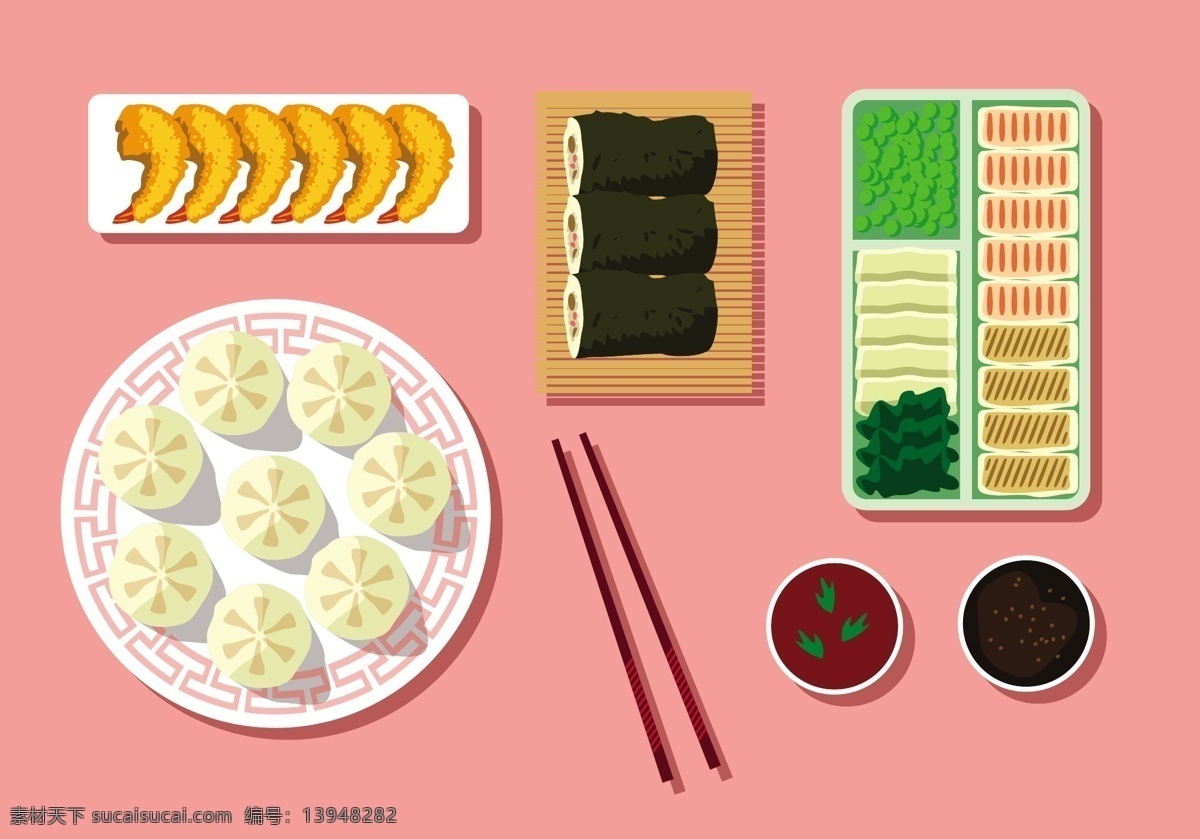 虾饺矢量插画 饺子 食物 矢量素材 手绘 手绘插画 手绘美食 手绘食物 寿司 炸虾
