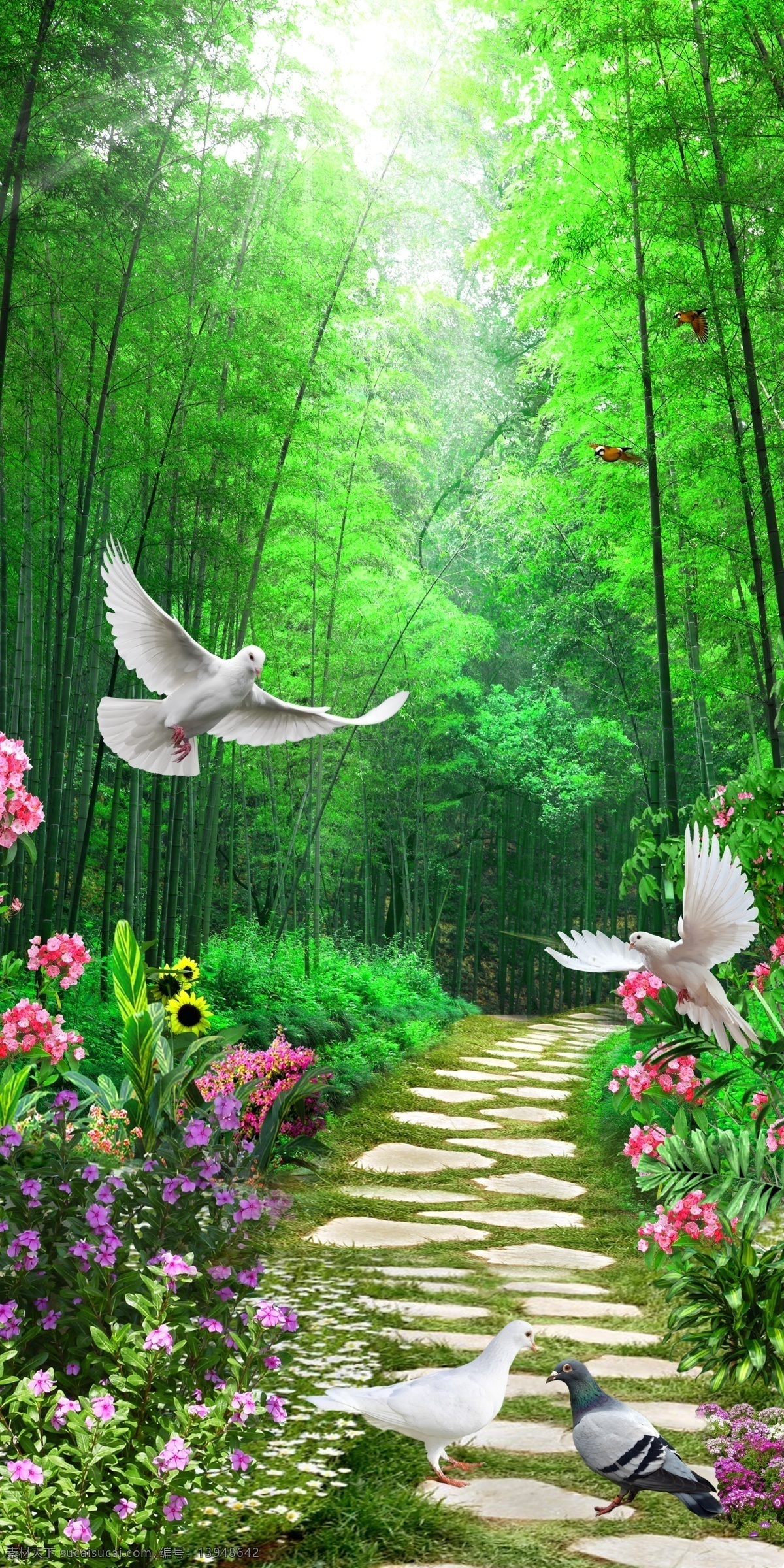 3d树林 花 草地 小路 树林 鸽子 3d设计 3d作品