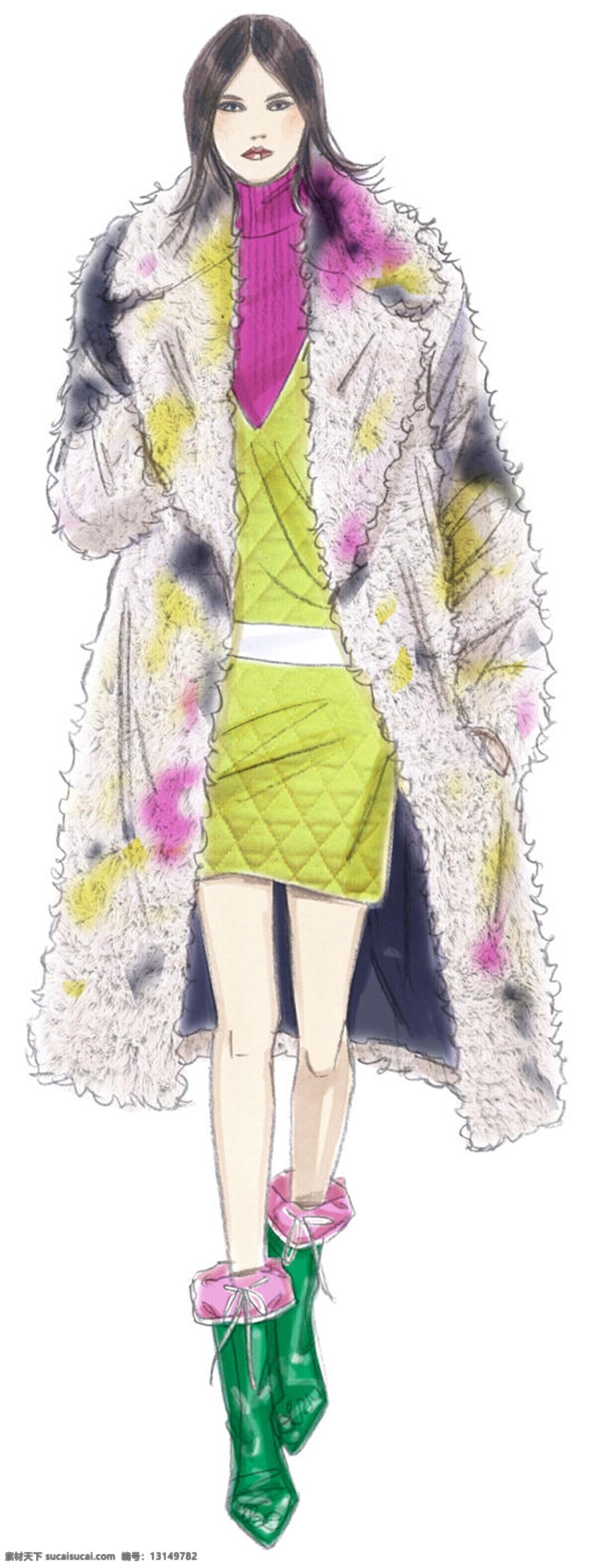 服装设计 服装效果图 黄色裙子 女装 霸气 花纹 白色 大衣 效果图 玫红色内搭 绿色靴子