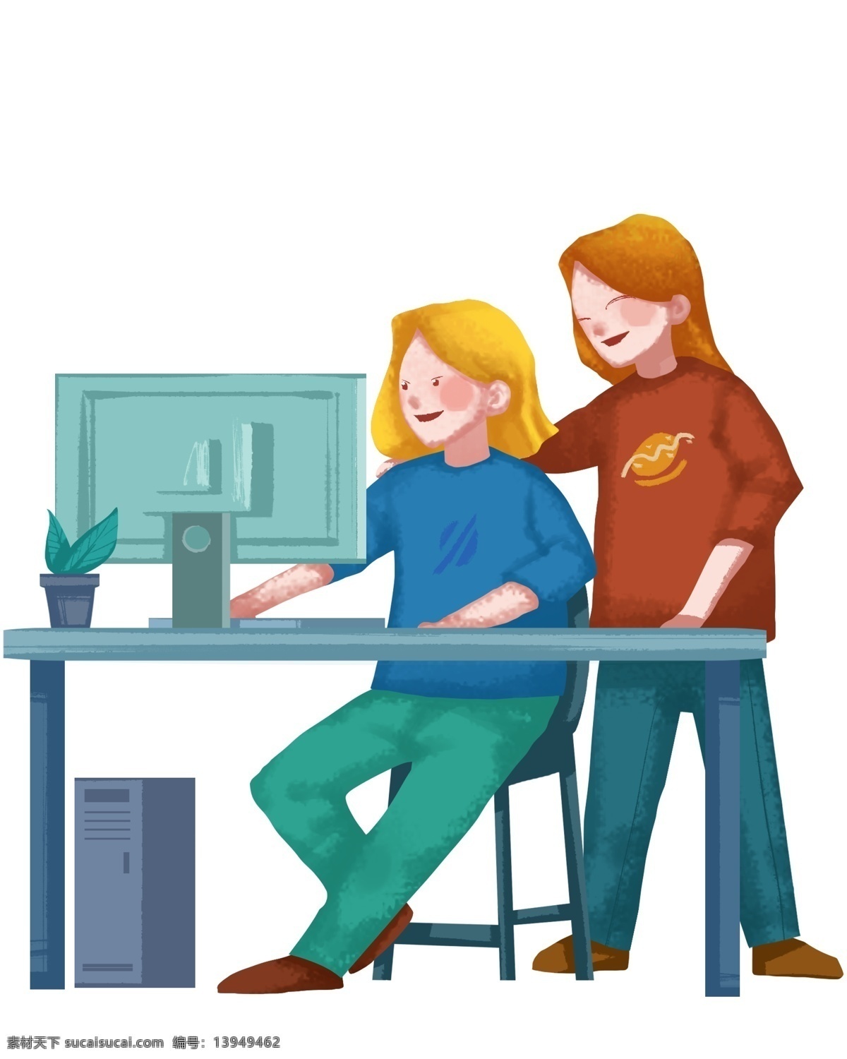 开工 大吉 人物 电脑 漂亮的小女孩 蓝色的植物 植物装饰 卡通人物 插画 蓝色的电脑