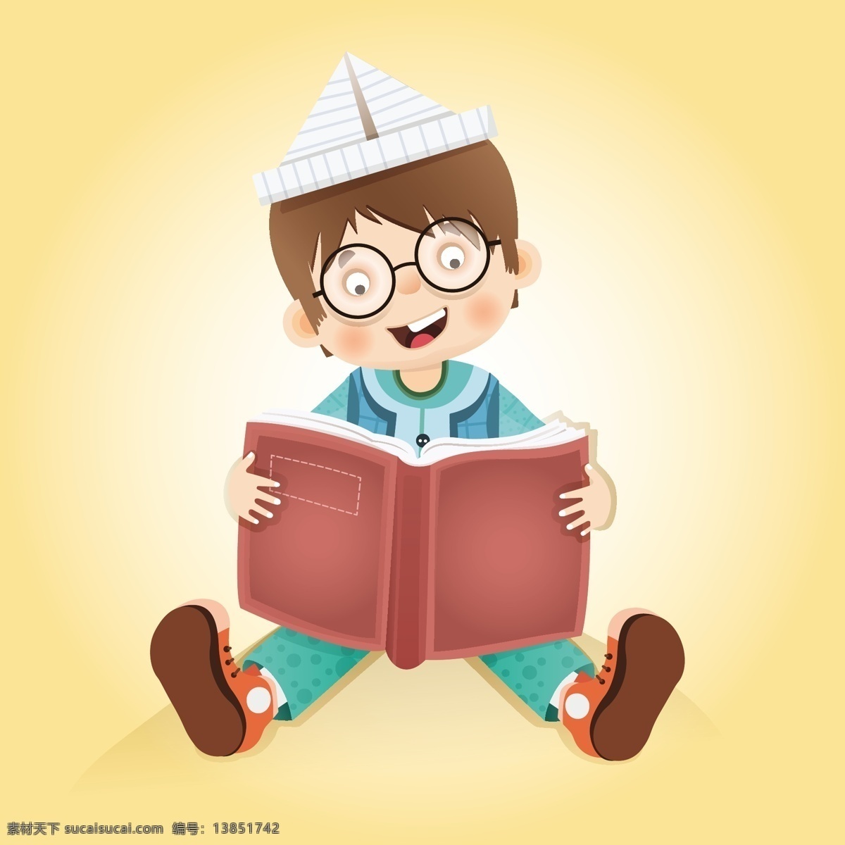 带 纸 帽子 正在 看书 男孩 矢量 模板下载 纸帽子 折纸 学生 卡通人物 书籍 办公学习 生活百科 矢量素材 黄色