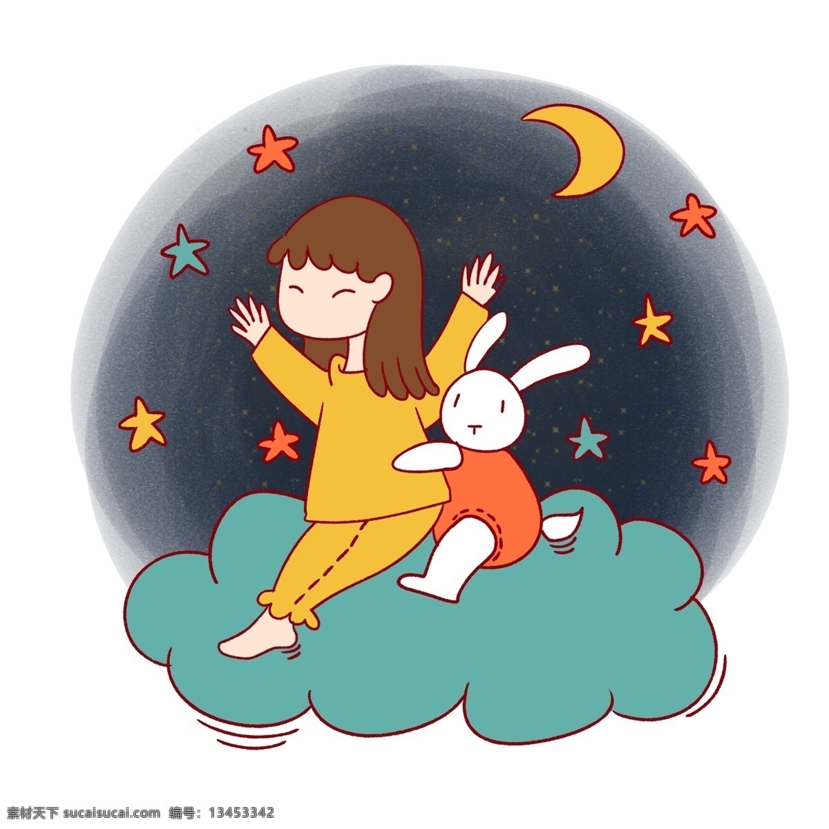 手绘 卡通 可爱 梦幻 童话 小女孩 小 白兔 矢量 免抠 儿童故事 小白兔 云朵 梦境 睡衣 月亮 星星
