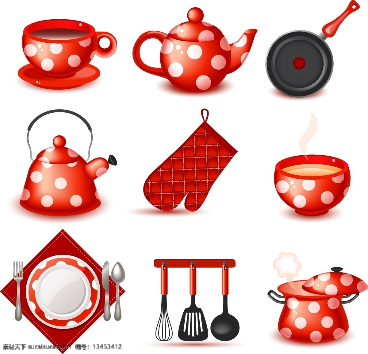 红色 餐具 图标 矢量 白色 煲汤锅 茶壶 红色圆点 平底锅 碗