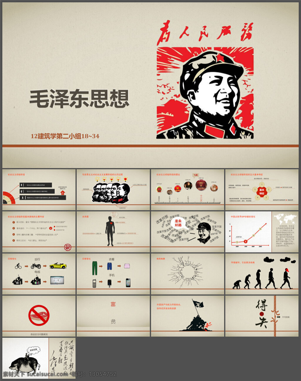 毛泽东思想 文革 风 模板 图表 制作 多媒体 企业 动态 pptx 灰色