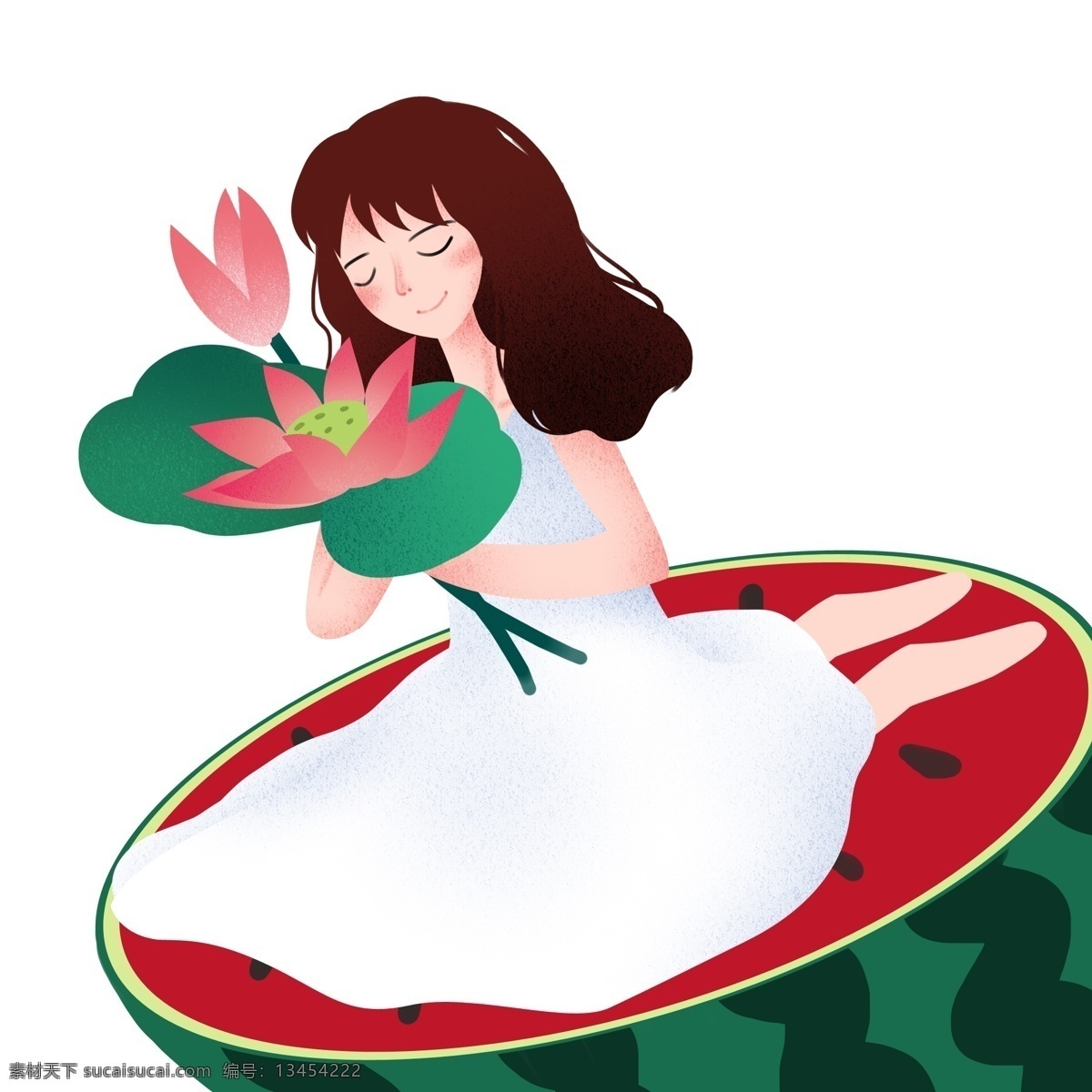 立夏 手持 荷花 女孩 花枝 西瓜