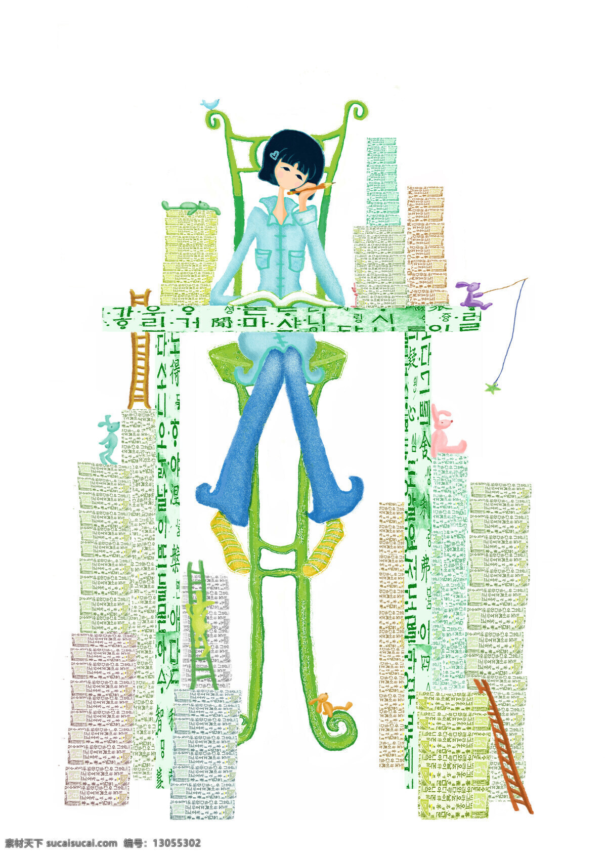 高 凳子 彩绘 高凳子彩绘 梦幻单身女性 做 白日梦 女孩 浪漫 幻想 文化艺术