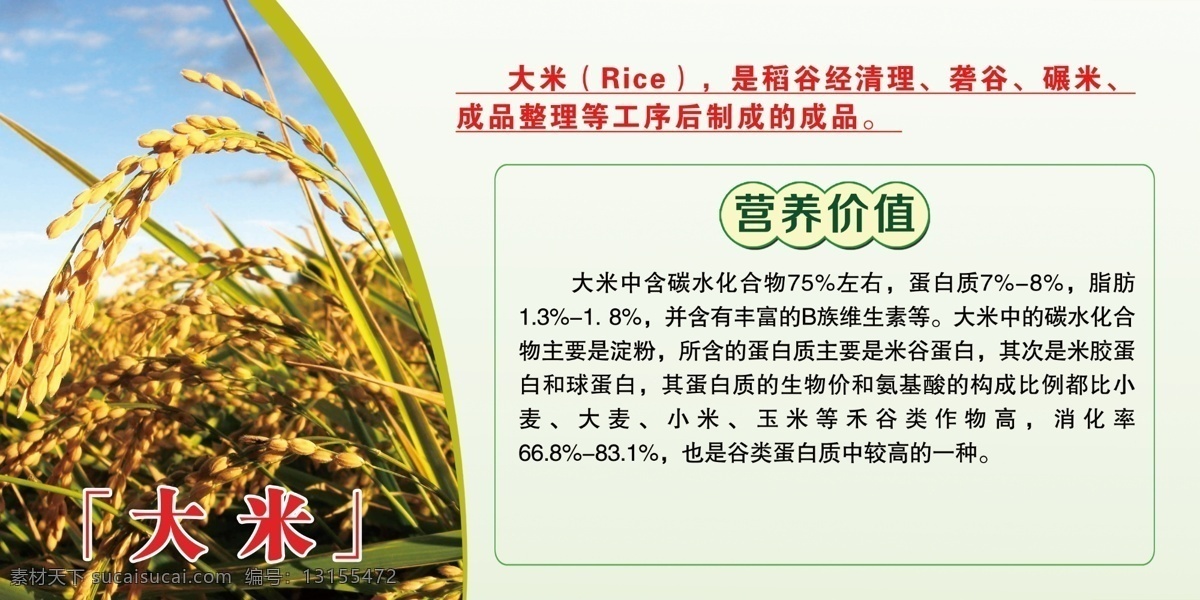 大米 营养 价值 展板 大米简介 大米营养价值 蔬菜大棚 田园综合体 室内广告设计
