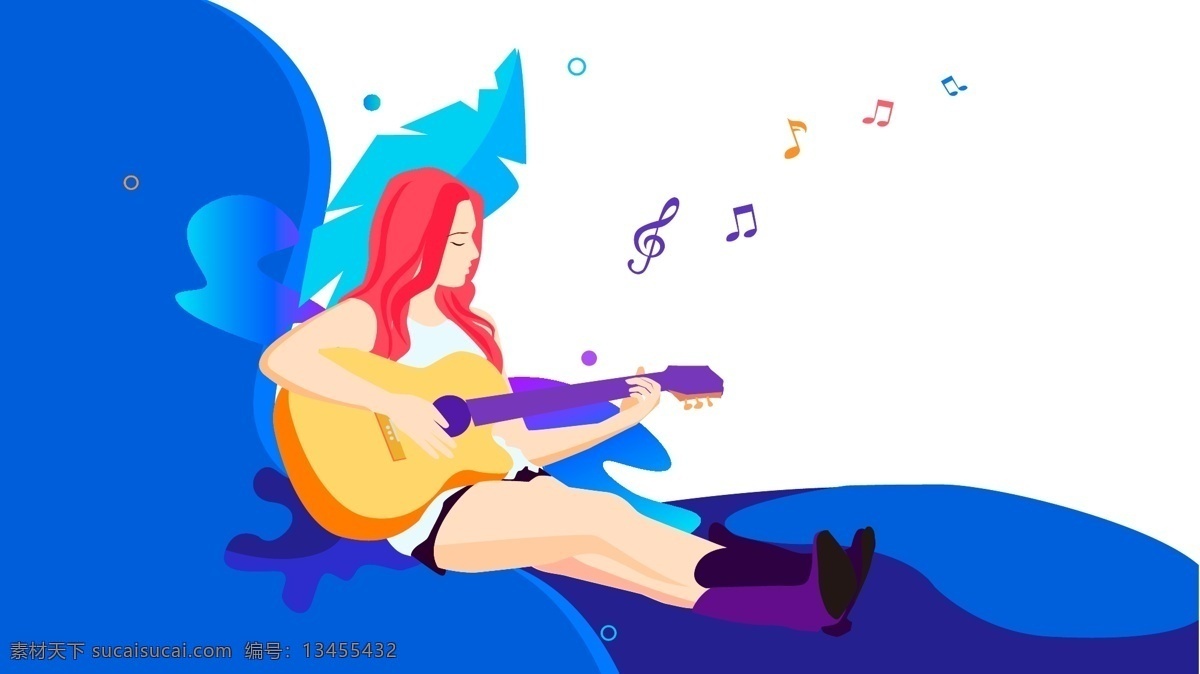 音乐节 清新 唯美 插画 绘画 音乐节日 音符 弹 吉他 女孩儿