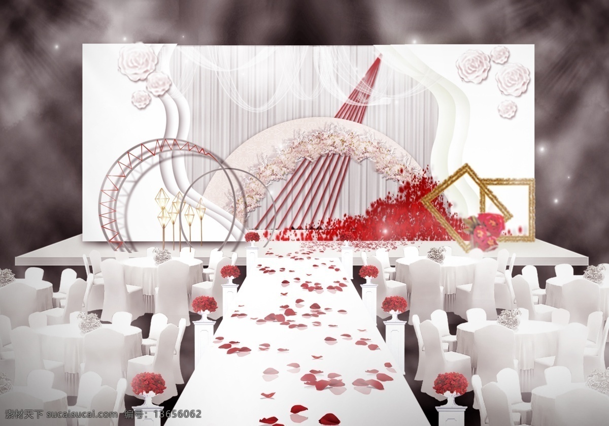 红 白 小 清新 婚礼 效果图 好看 相框 婚礼效果图 金色点缀 路引 绢花 氛围